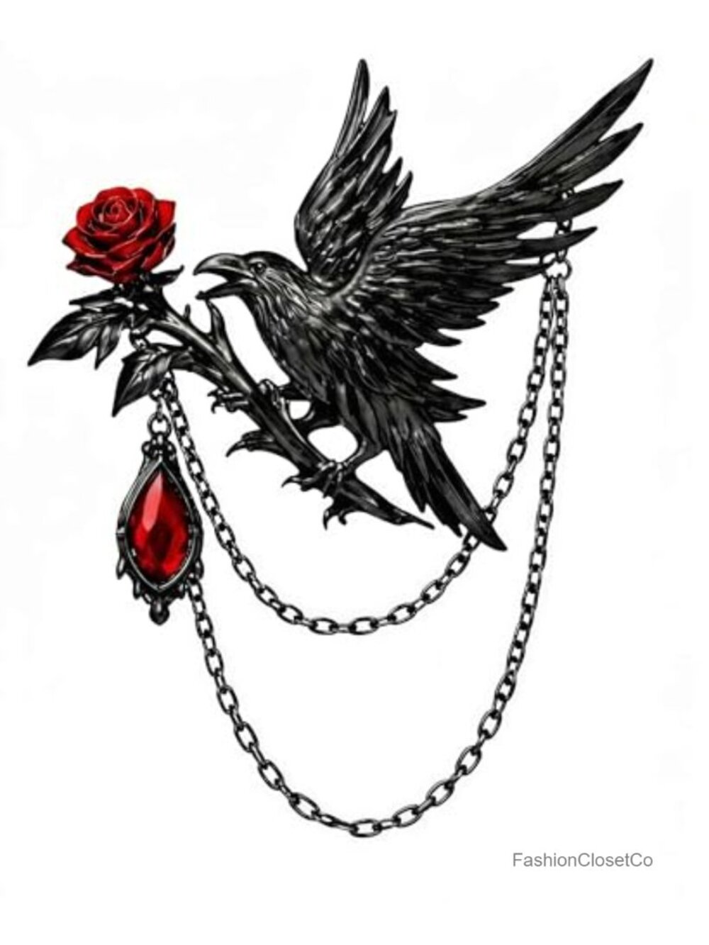 Gothic Crow Raven Rose Chain Brooch Pin Metal Statement Jewelry